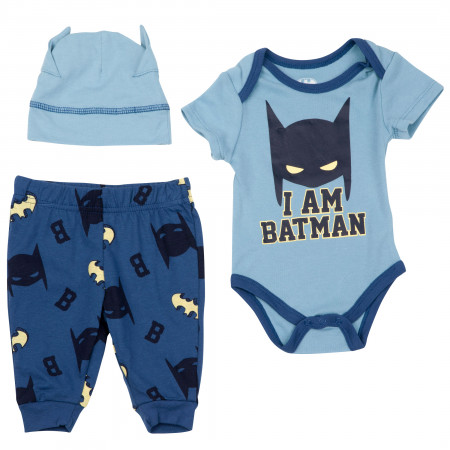 Batman I am Him Infant Boy's 3-Piece Onesie Set with Cap